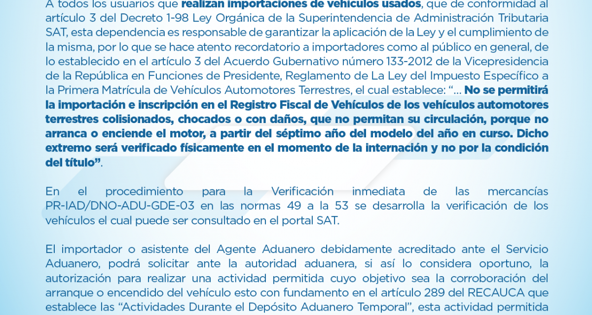 La Intendencia de Aduanas informa sobre importaciones de vehículos